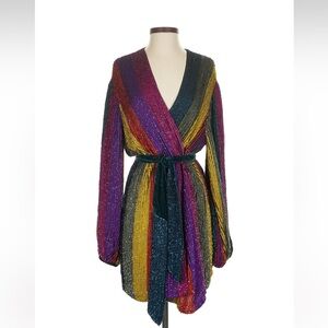 NWT Retroféte S Gabrielle Robe Sequin Mini Dress Rainbow Striped Velvet Belt